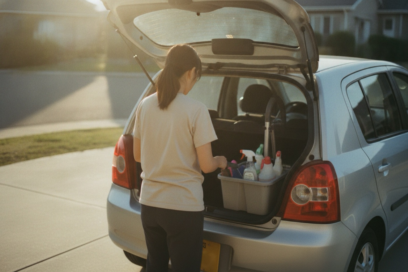 A cleaner seen from behind, loading her supplies into her car in golden morning light