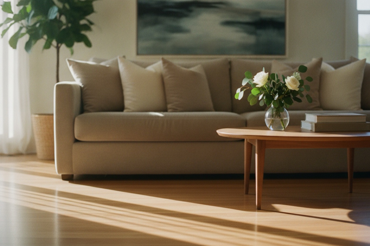 A freshly cleaned living room in soft late-morning light, sun stripes on the wood floor