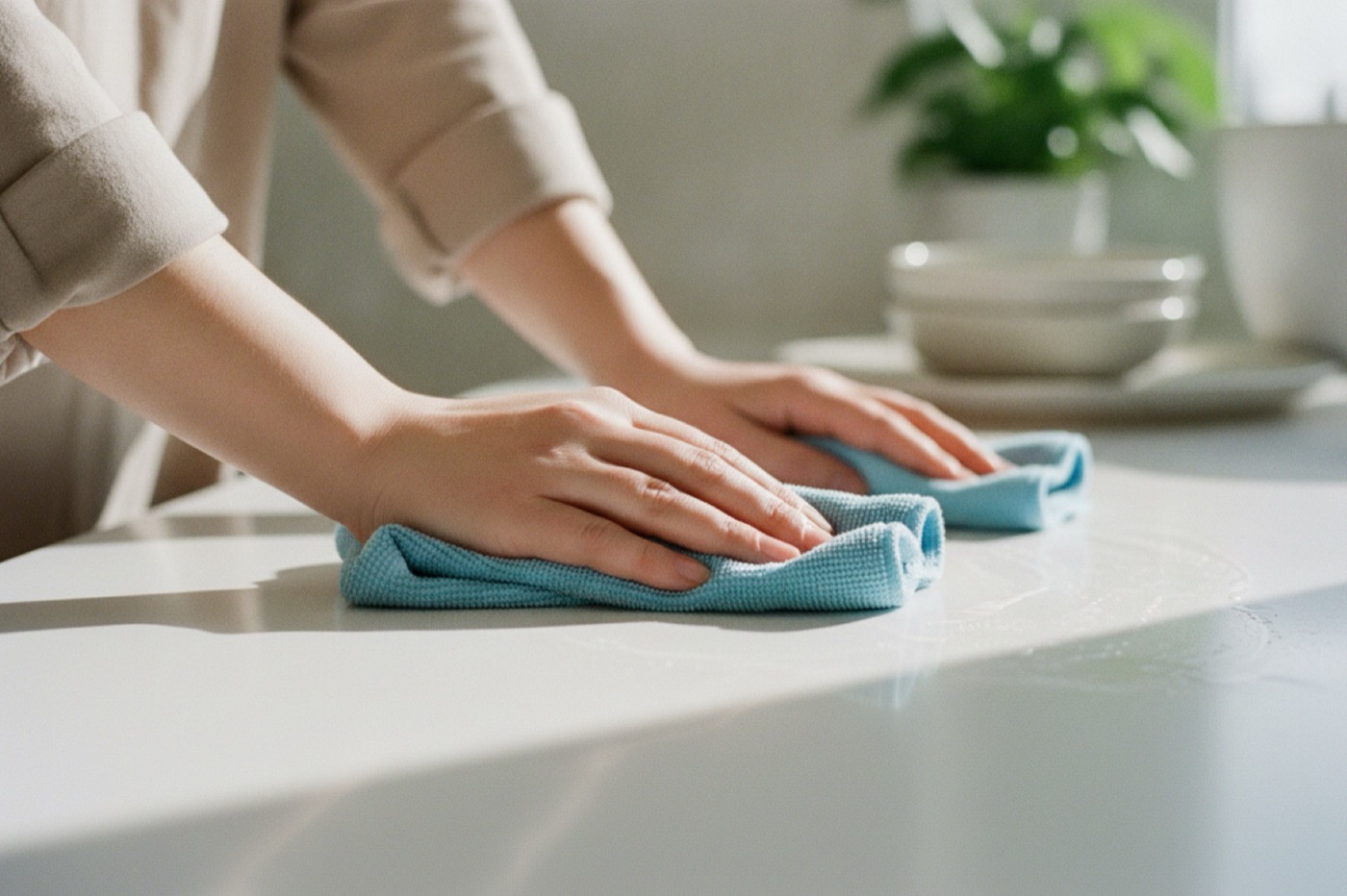 Hands wiping a bright kitchen counter in streaming morning light