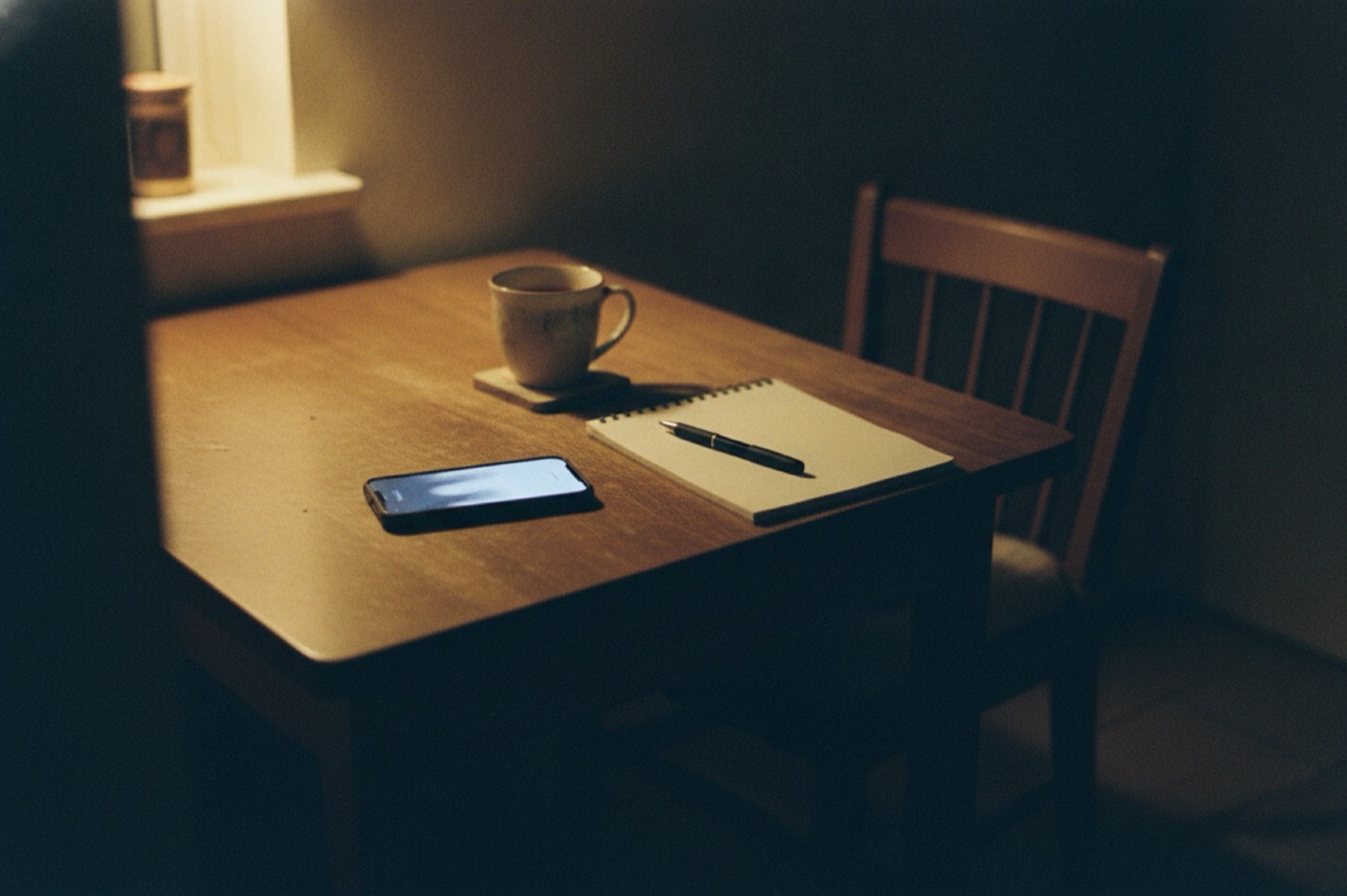 A kitchen table at night: a phone glowing face-up next to a mug of tea and a notebook